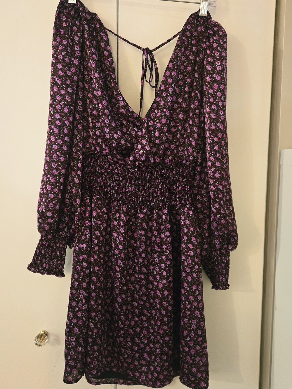 Leyden Black Long-Sleeve V-Neck Mini Dress with Purple Floral Print